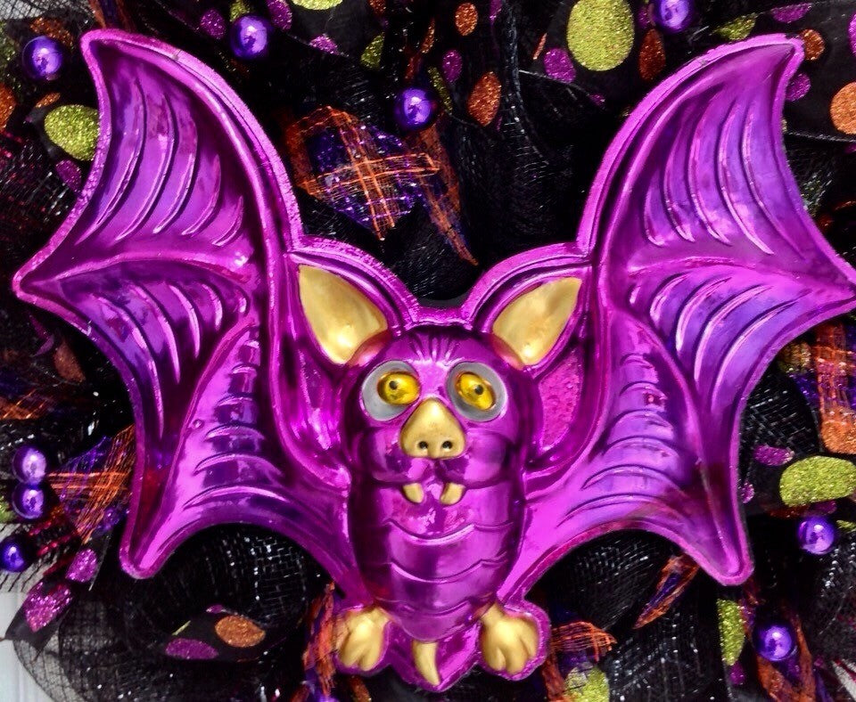 Halloween Vampire Bat with Moving Eyes Handmade Deco Mesh Wreath