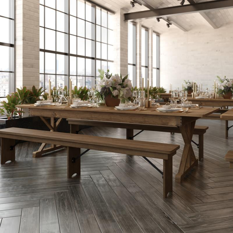 HERCULES 9' x 40" Rectangular Solid Pine Farm Table with X Legs, Antique Rustic