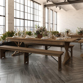 HERCULES 9' x 40" Rectangular Solid Pine Farm Table with X Legs, Antique Rustic