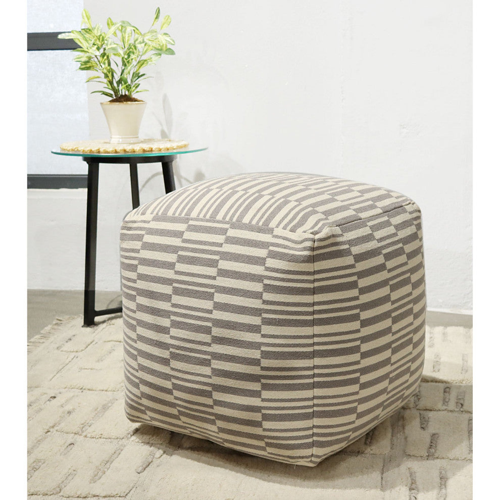 White Machine Woven Morningside Pouf, 18" Cube