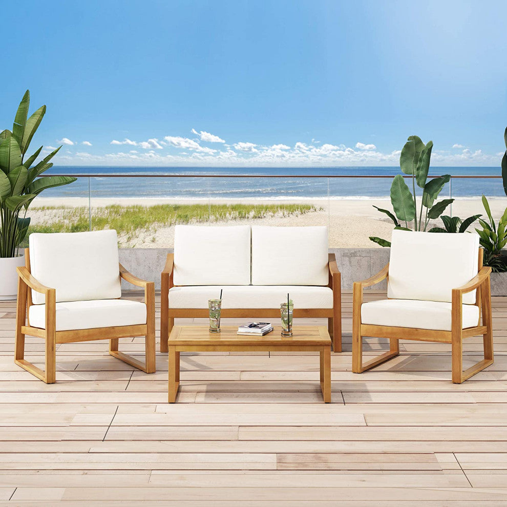 Acacia Wood 4-Piece Patio Set with Cushioned Seating and Matching Coffee Table