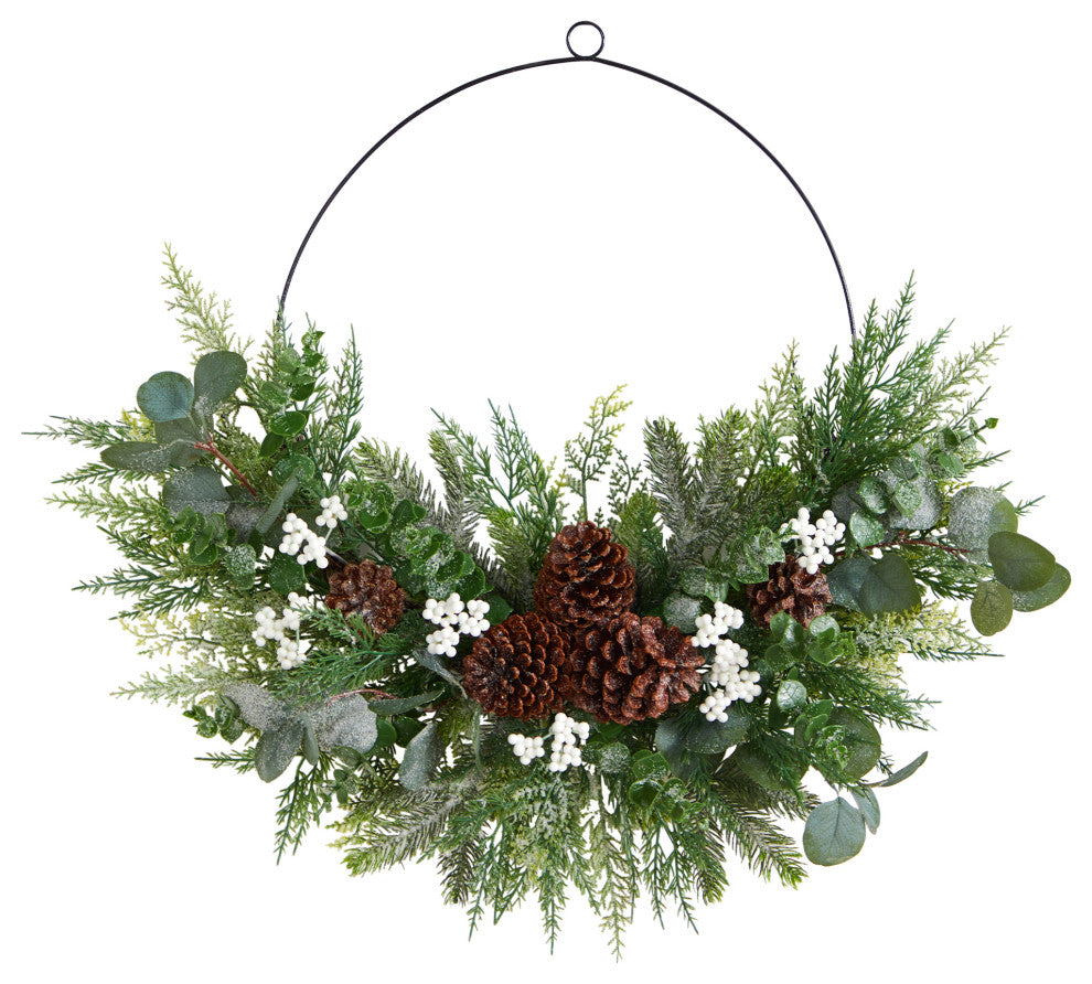 28" Christmas Pine, Eucalyptus, and Berries Metal Circlet Artificial Wreath