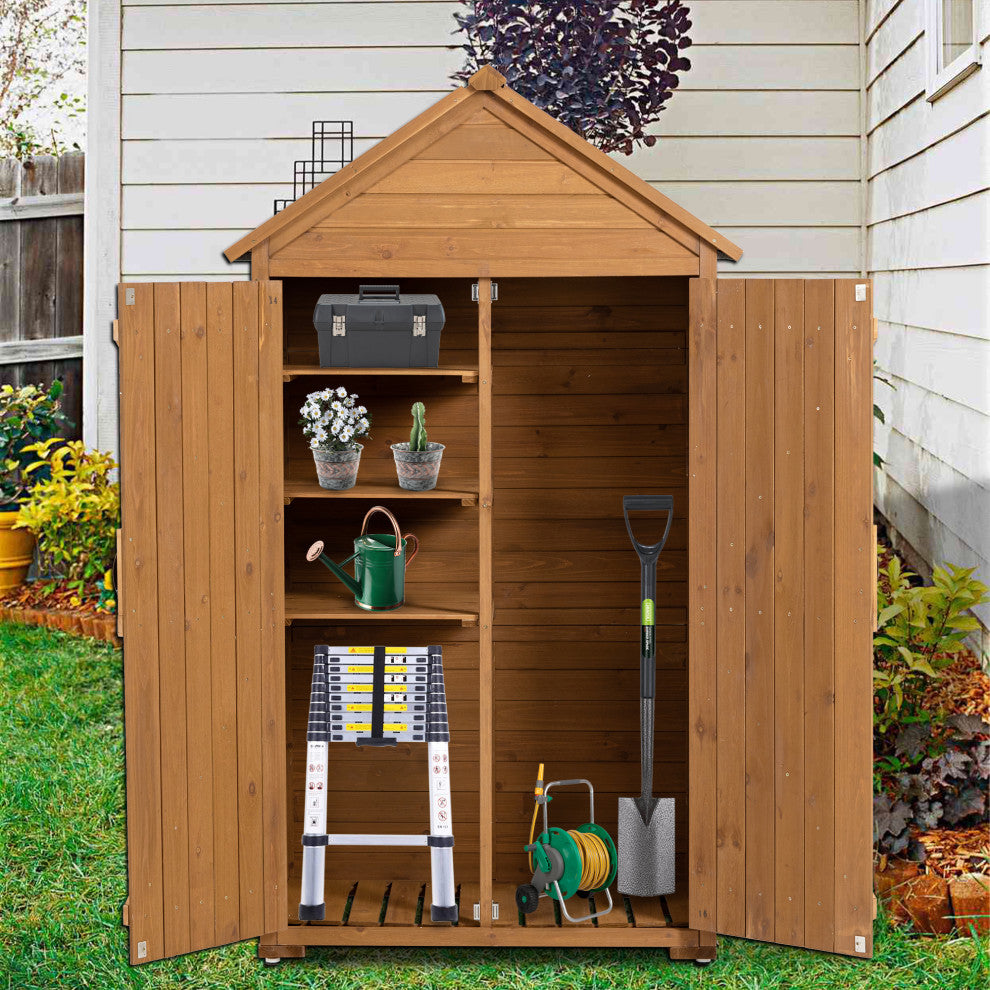Outdoor Storage Shed with 3 Removable Shelves and Waterproof Roof, Brown