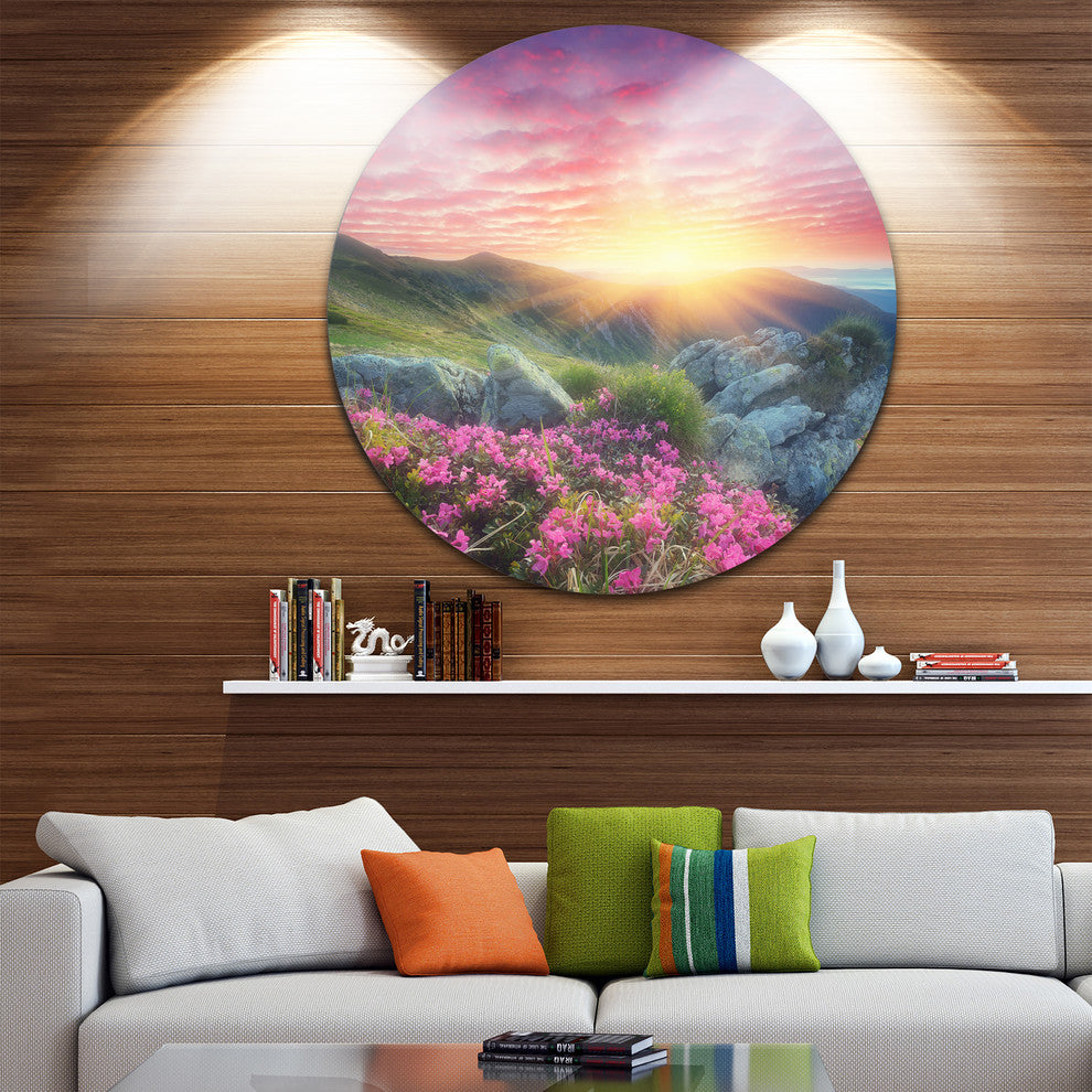 Morning With Flowers In Mountains, Landscape Disc Metal Wall Art, 11"