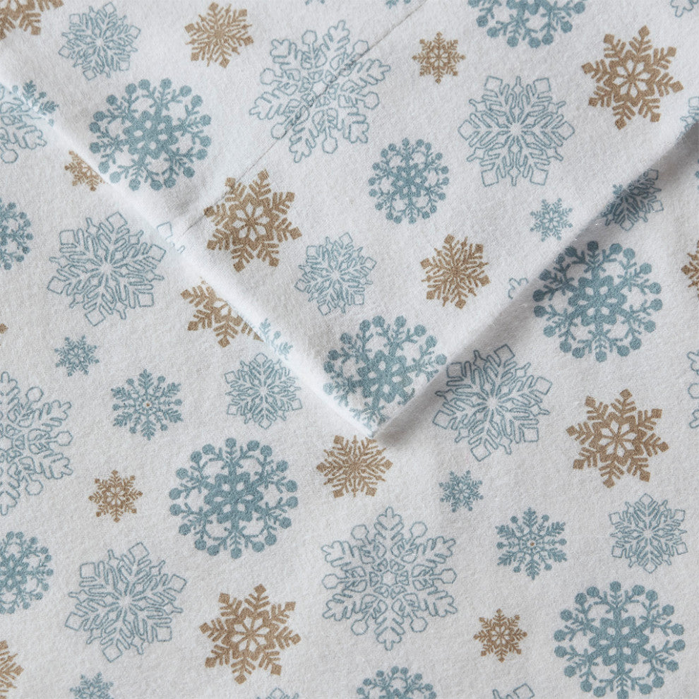 True North by Sleep Philosophy Cotton Flannel Winter Sheet Set, Blue Snowflakes