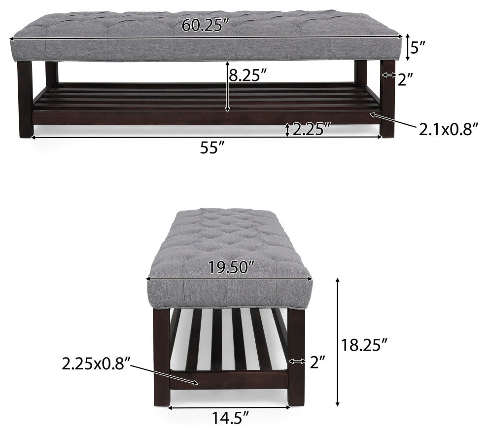 Pelon Contemporary Button Tufted Bench With Shelf, Gray/Dark Walnut