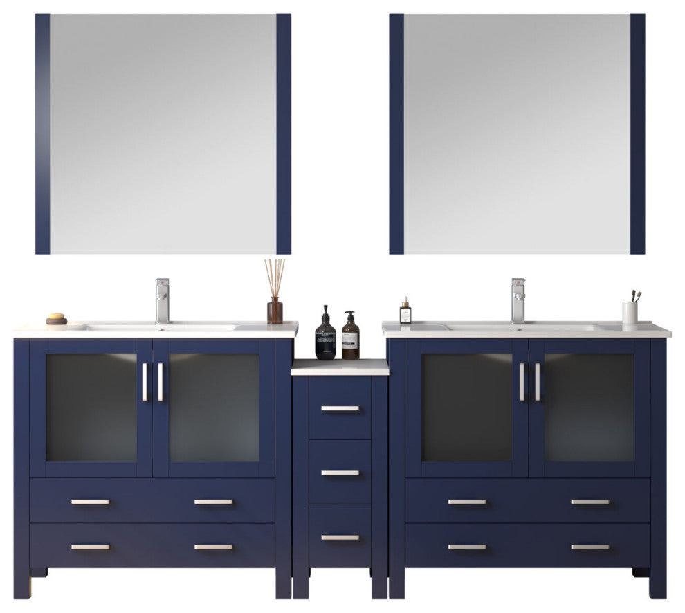 Lexora Volez 84" Vanity Cabinet, Navy Blue, Top, Mirror, 4 Doors 7 Drawers