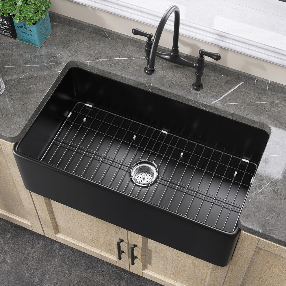 36"x20" Apron Front Single Bowl Farm Fireclay Kitchen Sink with Accessories
