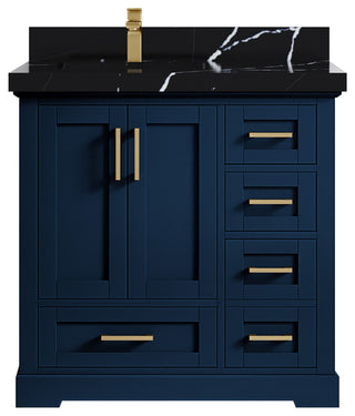 Boston 36 Left Offset Bath Vanity in Navy Blue 2" Calacatta Black