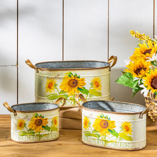 Assorted Metal Nesting Sunflower Decorative Buckets, Set of 3