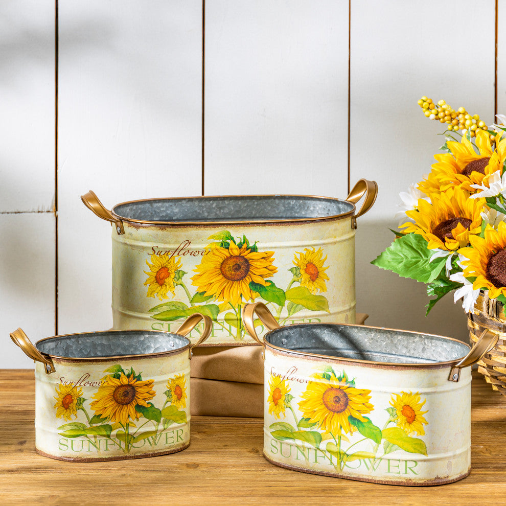 Assorted Metal Nesting Sunflower Decorative Buckets, Set of 3