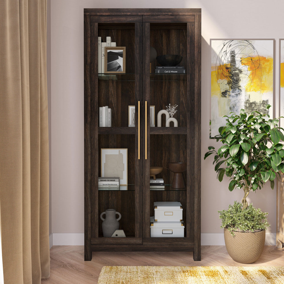 Curio Storage Cabinet with Tempered Glass Doors, Display Cabinet, Dark Walnut