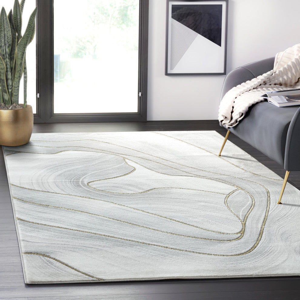 Abani Luna LUN230A Contemporary Ribbon Grey Gold Metallic Area Rug