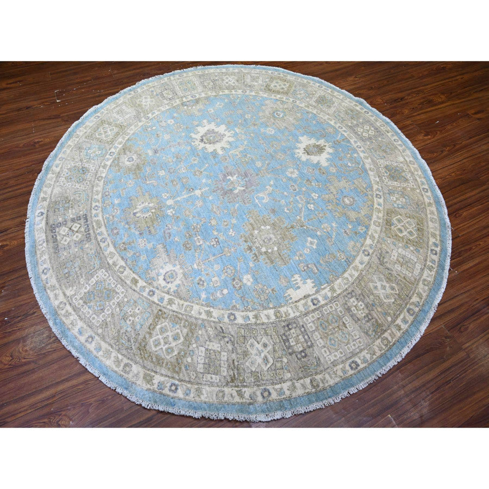 Blue Mahal Design Hand Knotted Pure Wool Round Oriental Rug, 7'10"x8'