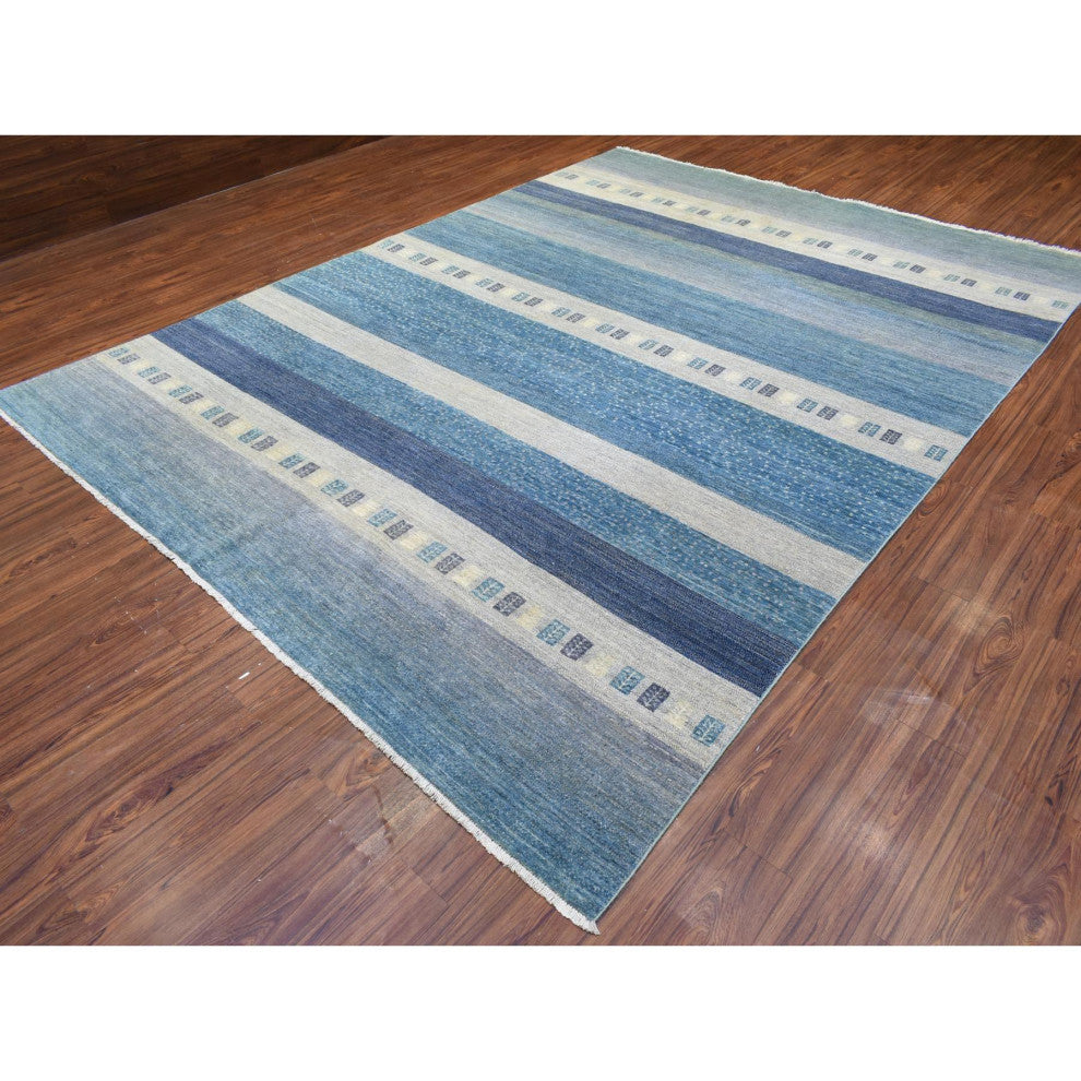 Light Blue Afghan Kashkuli Gabbeh Design Pure Wool Hand Knotted Rug, 9'0"x11'9"