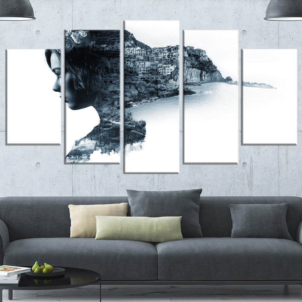 Woman Portrait Double Exposure, Portrait Canvas Art Print, 60"x32", 5 Panels