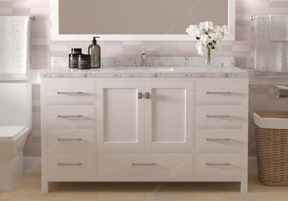 Caroline Avenue 60" Single Bath Vanity, White, Cultured Top and Round Sink