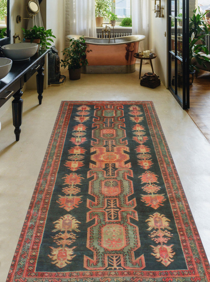 Fine Vintage Distressed Bellia Charcoal/Rust Runner, 4'2x10'4