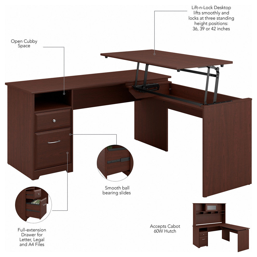 Cabot 3 Position L Shaped Sit to Stand Desk With Hutch, Harvest Cherry