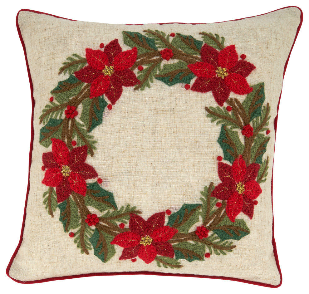 Poinsettia Wreath Design Down-Filled Throw Pillow, 16"x16", Multi