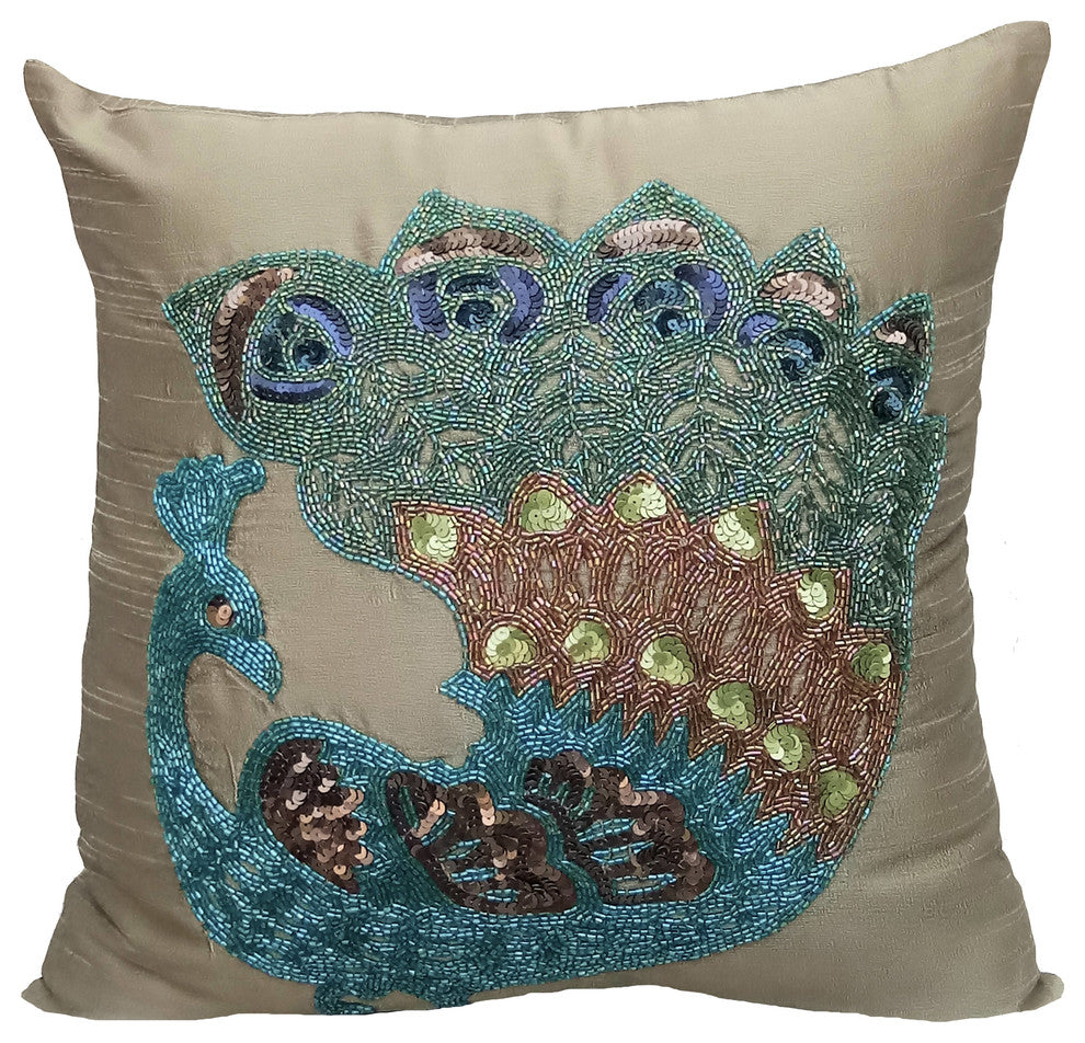 Green Decorative Pillow Covers 24"x24" Silk, Taupe Green Peacock