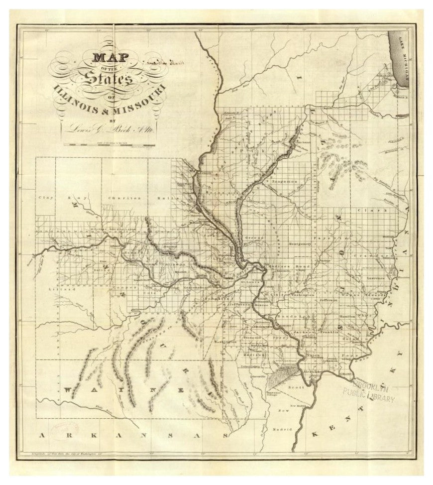 "Map of the States of Illinois & Missouri, 1823" Print by Lewis C. Beck, 29"x32"