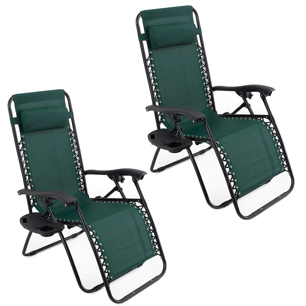 Zero Gravity Lounge Patio Chairs With Cup Holder, Set of 2, Green