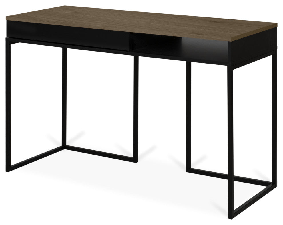 Modern Small Home Desk, Walnut, Black Legs