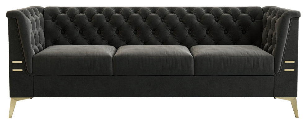 82.7'' Chesterfield Velvet Square Arm Sofa with Gold Leg, Dark Gray