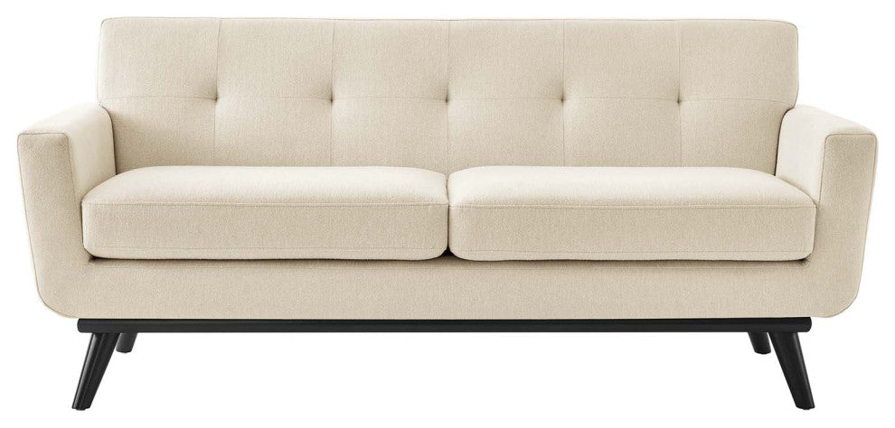 Loveseat Sofa, Beige, Fabric, Modern, Mid Century Hotel Lounge Cafe Lobby
