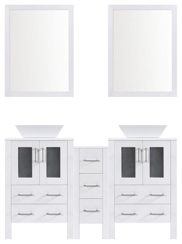 Modern Bathroom Vanity Set With Mirror and Sink, White, 84"