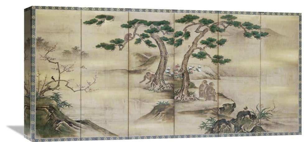 "Birds, Flowers and Monkeys Six-Panel Screen" Artwork, 30" x 14"