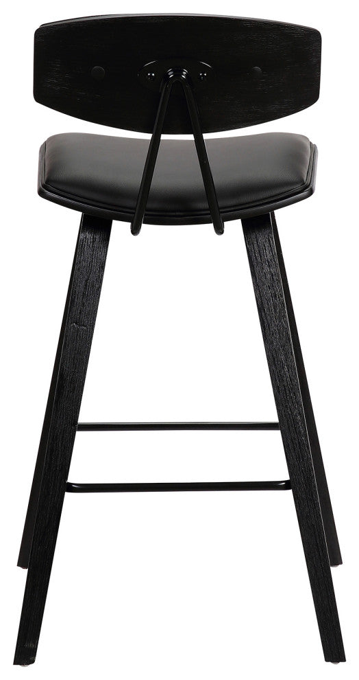 Fox 28.5" Mid-Century Bar Height Barstool, Black Faux Leather