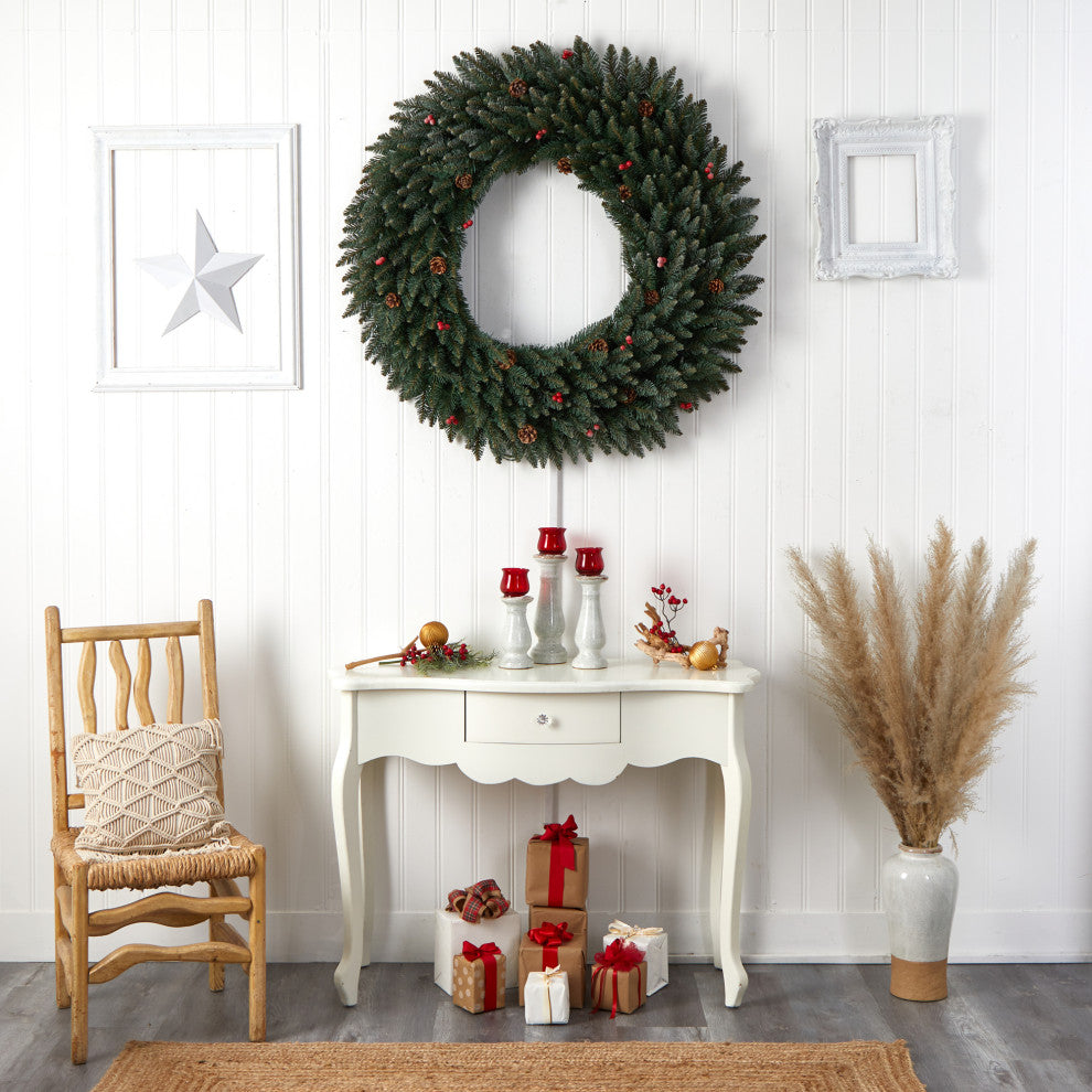 4' Large Flocked Faux Xmas Wreath W/Pinecones, Berry, Lights & Bendable Branches
