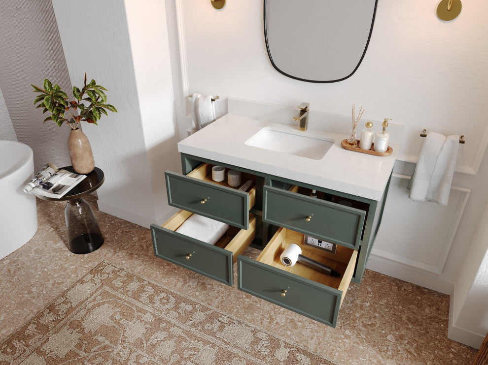 Roswell Floating 42" Single Sink Bath Vanity, Pewter Green 2" Calacatta Nuvo