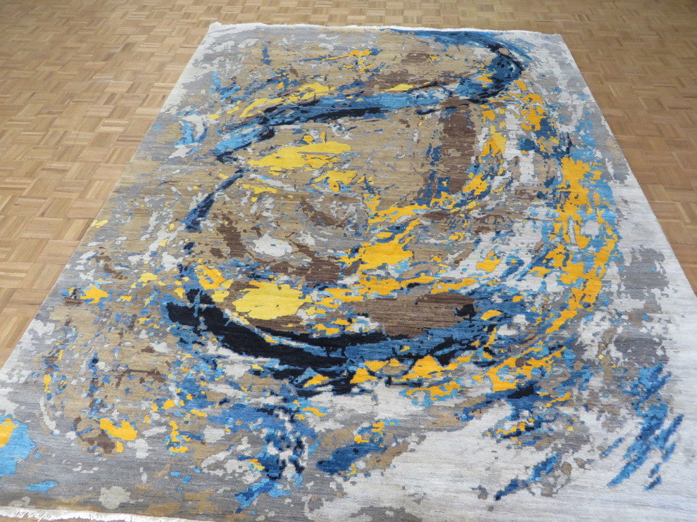 9x12 Handmade Multi Colored Modern Abstract Oriental Rug With Silk