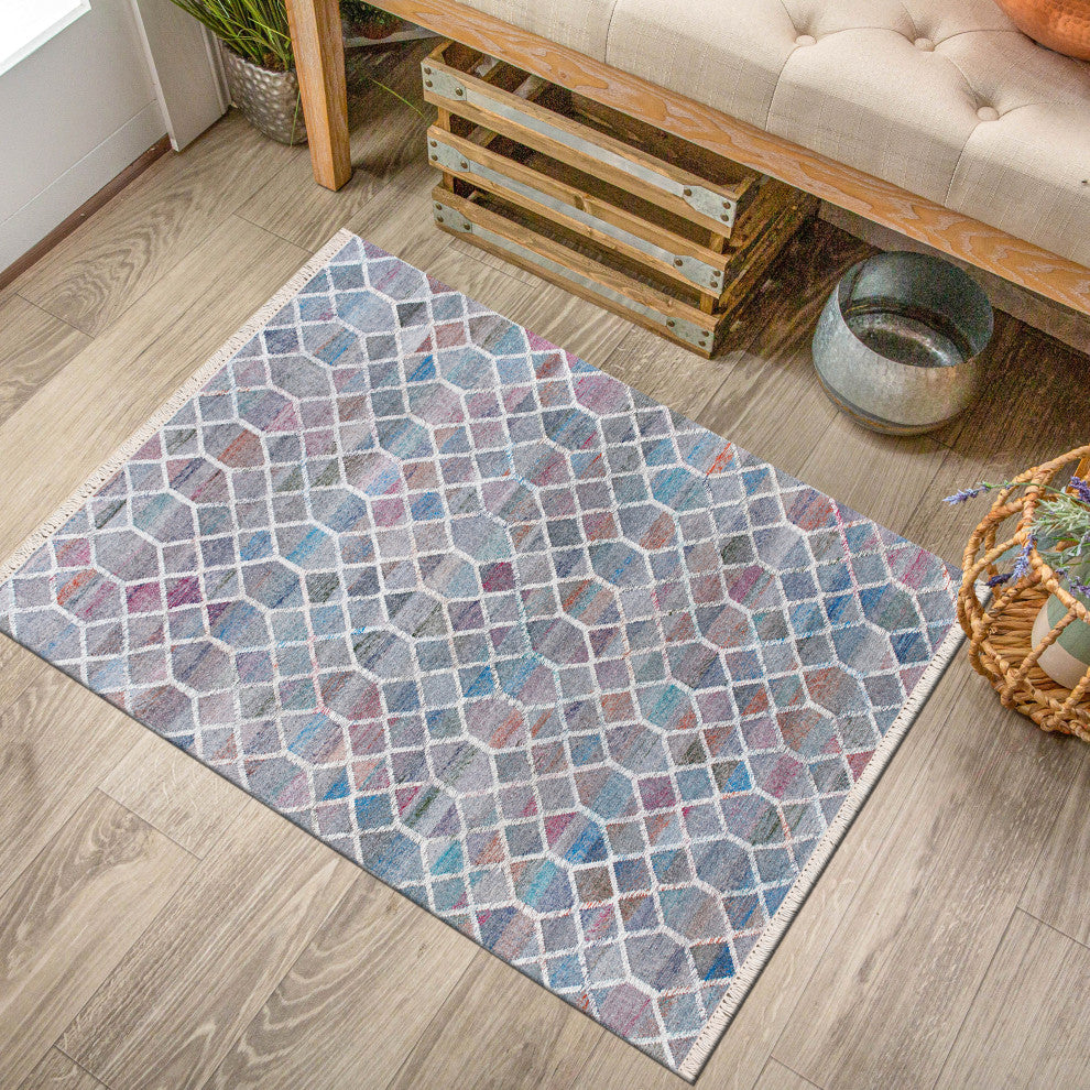 Multicolored Mosaic Lattice Handwoven Wool Dhurrie Area Rug, 7'9" X 9'9"