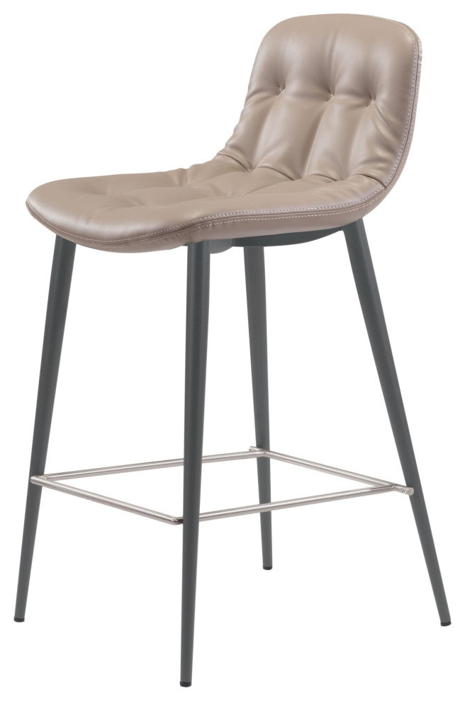Counter Stool Chair, Set of 2, Faux Vinyl Leather, Steel, Taupe, Dark Gray