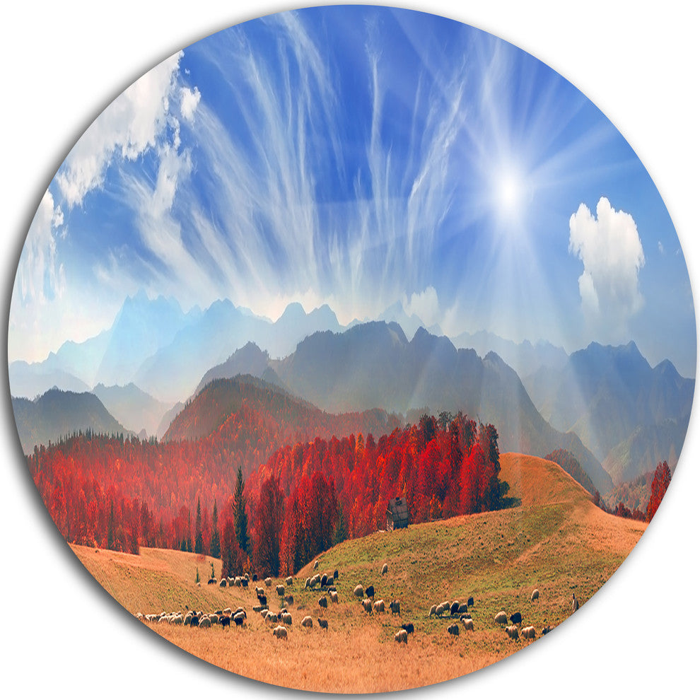 Sheep Herd At Carpathians, Landscape Photo Disc Metal Artwork, 38"