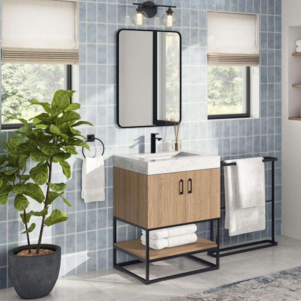 Bahia Bath Vanity, Oak, 24", Matte Black Hardware, Single, Freestanding