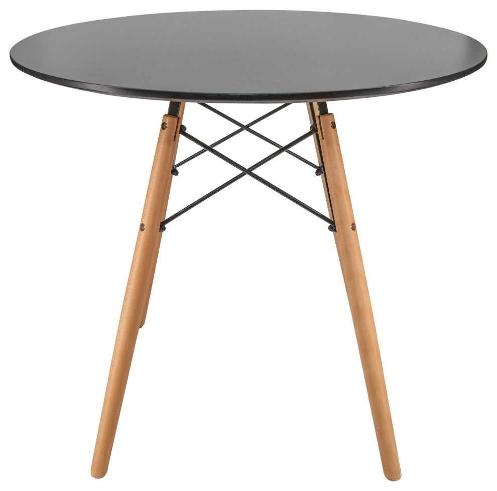 LeisureMod Dover Round Bistro Dining Table With Natural Wood Eiffel Base, Black