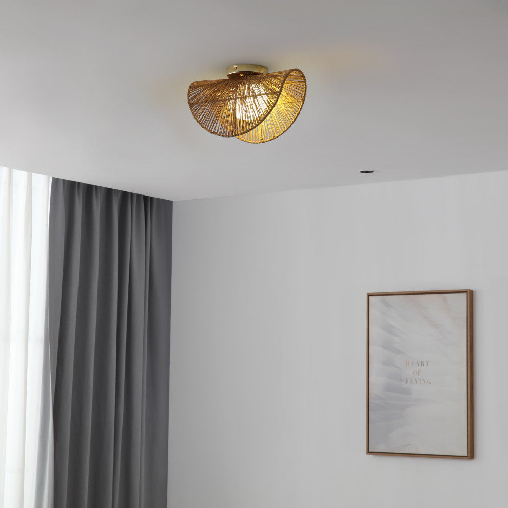 Sovev 1-Light Flush Mount or Wall Sconce, Frosted Glass Globe and Rattan Shade