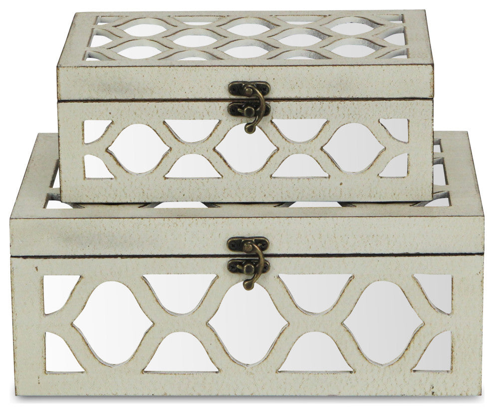 Moroccan Mirrored Wooden Boxes, Blue, Set of 2, White