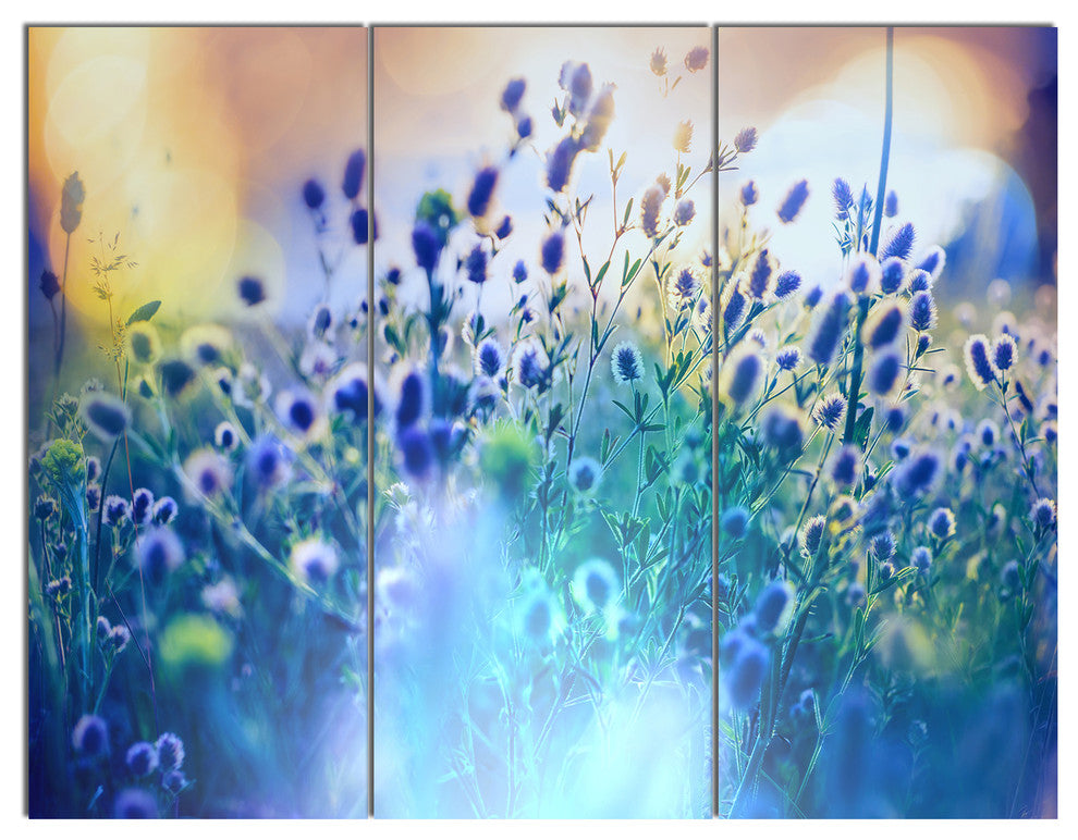 Blue Summer Flowers on Meadow, Floral Triptych Canvas Art Print, 36x28, 3 Panels