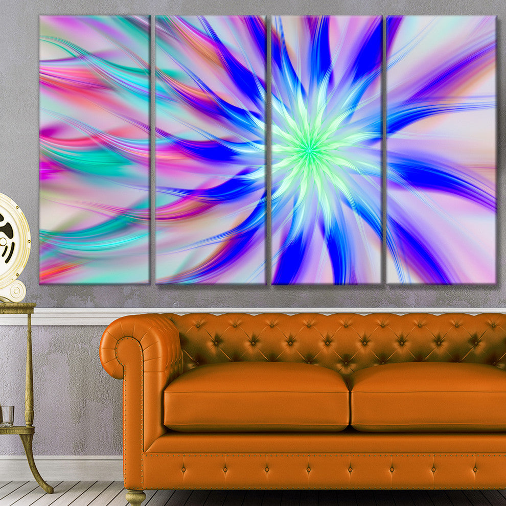 Exotic Blue Fractal Spiral Flower, Abstract Canvas Art Print, 48"x28", 4 Panels