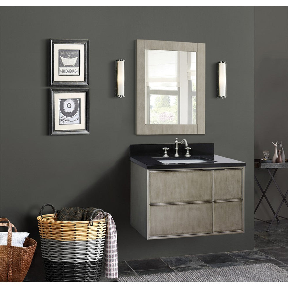 37" Single Wall Mount Vanity, Linen Brown Finish With Black Galaxy Top