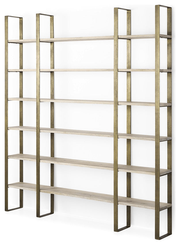 90" Gold and Natural Distressed Iron and Solid Wood Six Tier Bookcase