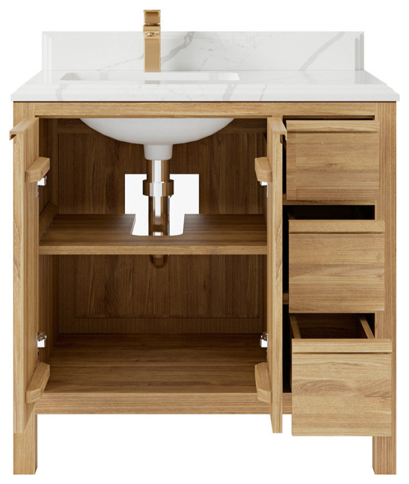 Elizabeth 36 Left Offset Bath Vanity in Light Natural Teak 1.5" Calacatta Laza