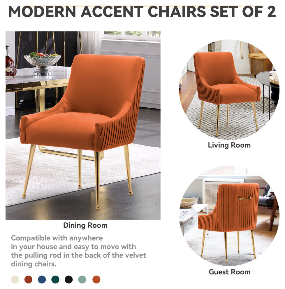 Glam Pleated Velvet Dining Chair Set of 2, Tufted Side Accent Kitchen Chair, Orange