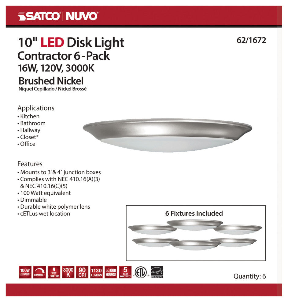 10 inch - LED Disk Light - 3000K - 6 Unit Contractor Pack - Brushed Nickel Finis